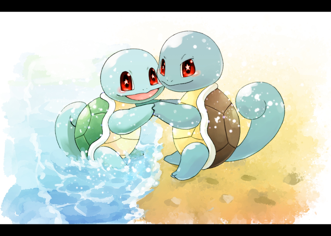 海辺でたのしむ色違いのゼニガメと普通のゼニガメ